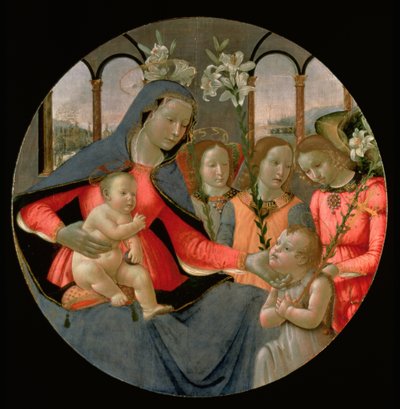 Virgen y Niño con San Juan Bautista y los tres arcángeles, Rafael, Gabriel y Miguel de Bastiano Mainardi